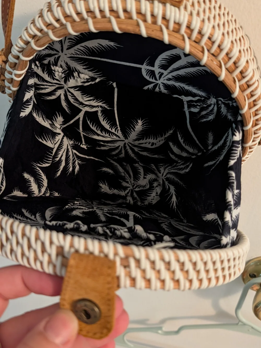 Woven Round Crossbody Bag in White with Tan Strap